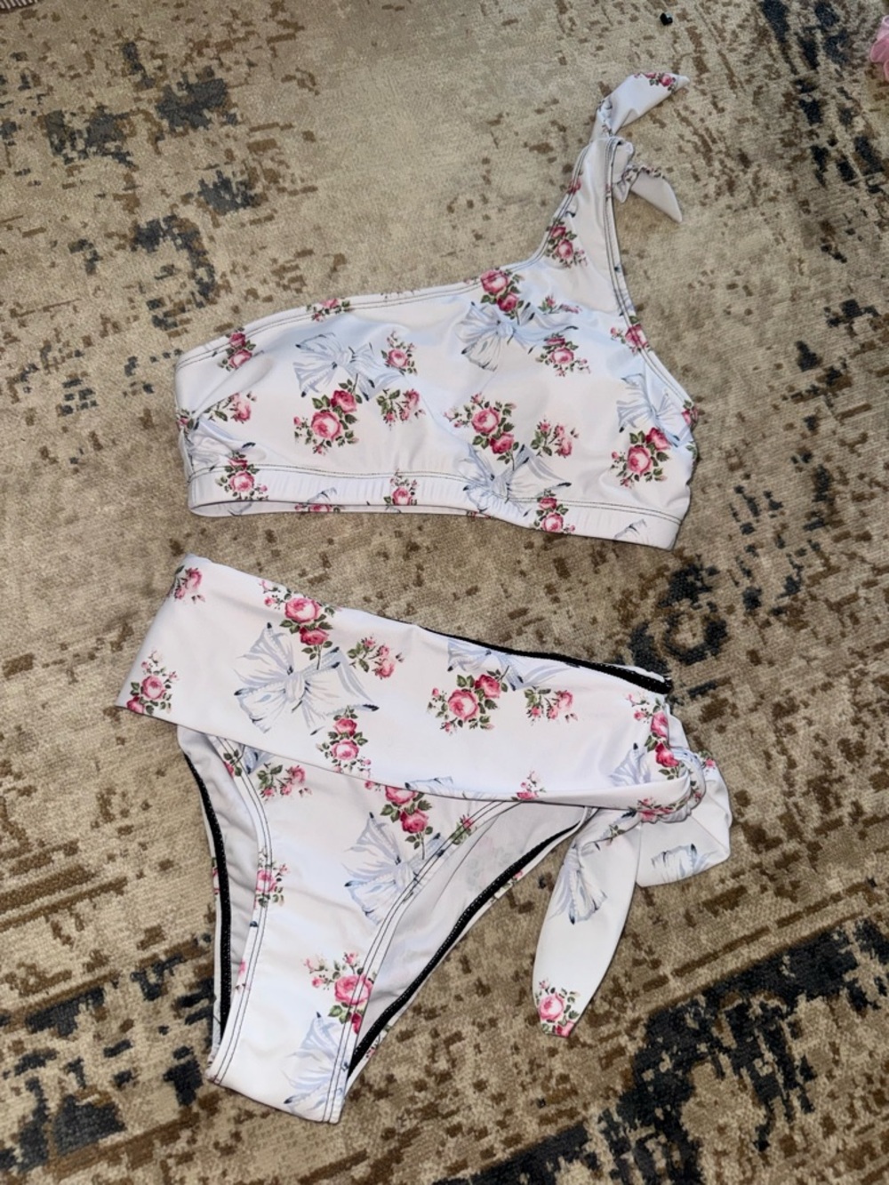White and Baby Blue Loveshack Inspired Floral One Shoulder Bikini Set Tie Side